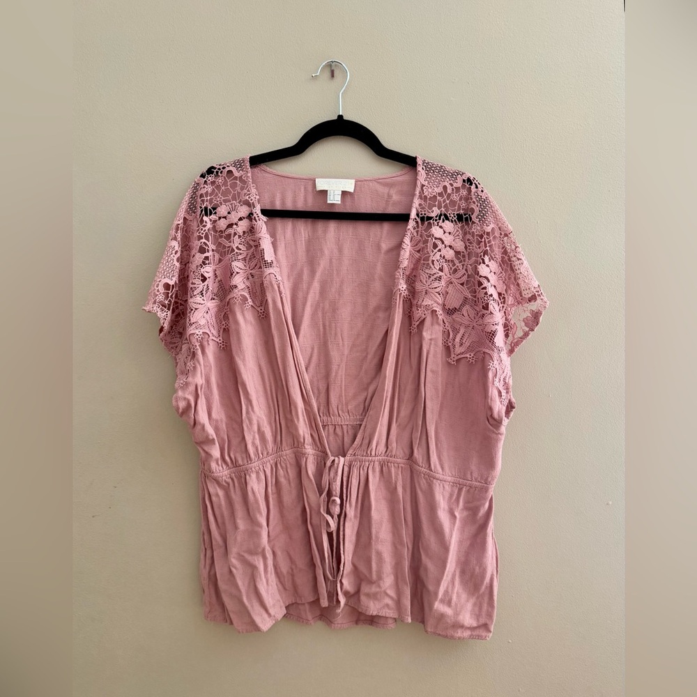 Plus Size Dusty Rose Crocheted Drawstring Flutter Sleeve Cardigan - 3X